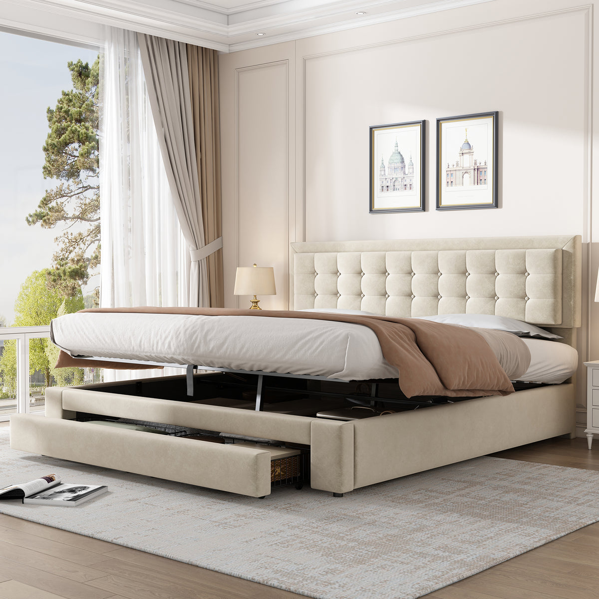 Upholstered Double Bed 180x200 with Storage Drawers, Beige Velvet