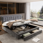 Upholstered Double Bed 180x200 with Storage Drawers, Grey Velvet