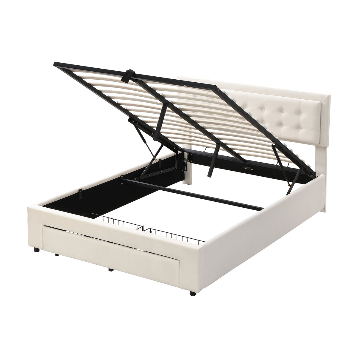 Upholstered Storage Bed 140x200 with 2 Drawers, Beige Velvet