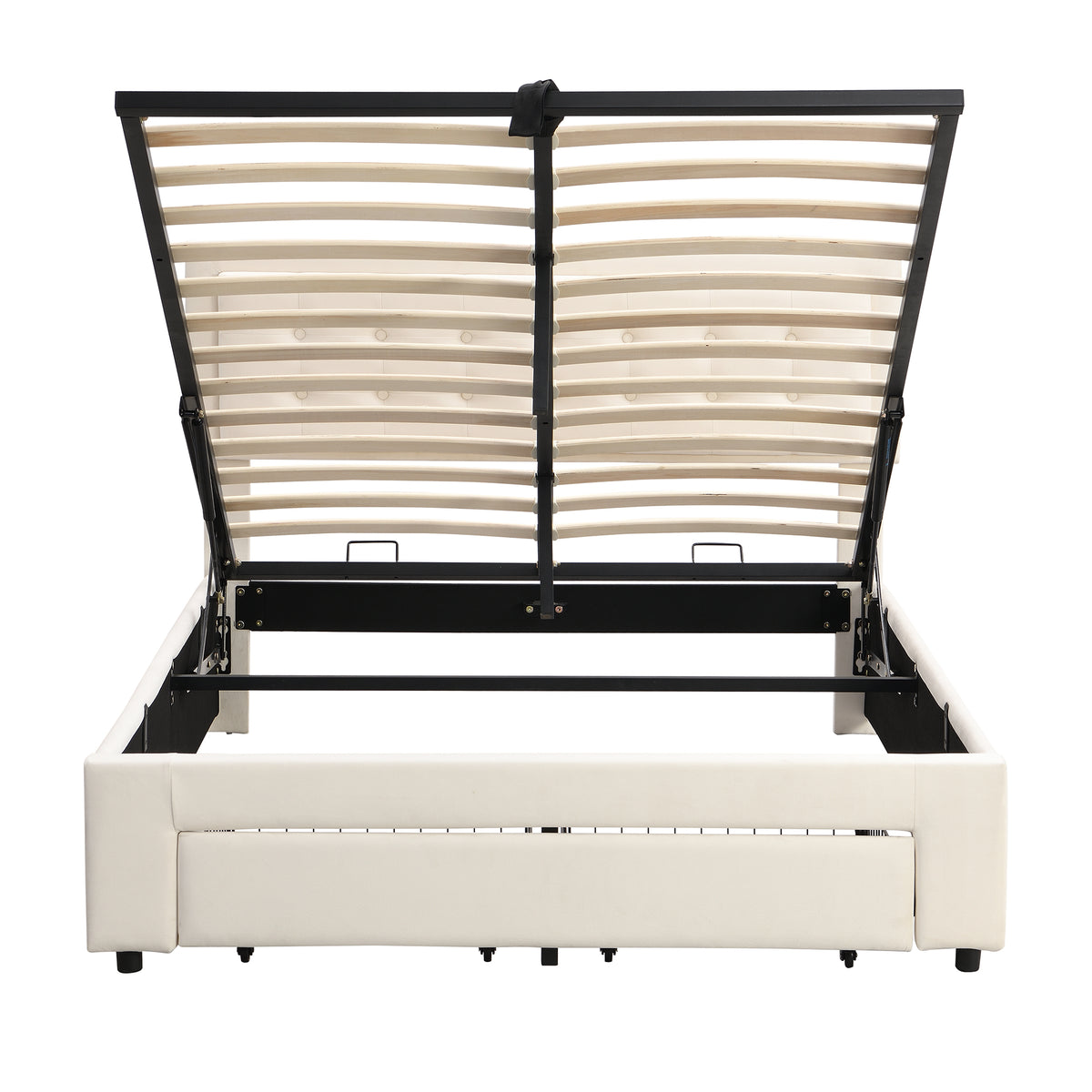 Upholstered Storage Bed 140x200 with 2 Drawers, Beige Velvet