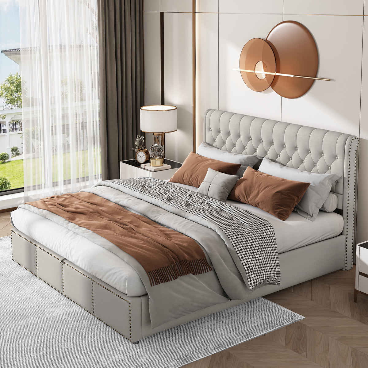 Cotton-Linen Upholstered Bed 160x200cm with Storage, Light Grey