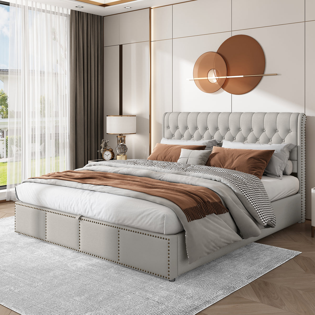 Cotton-Linen Upholstered Bed 160x200cm with Storage, Light Grey