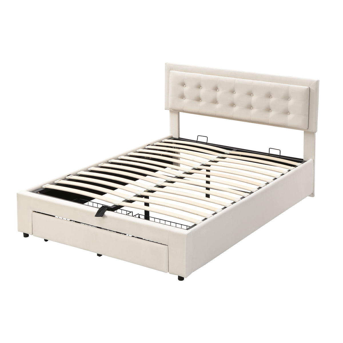 Upholstered Storage Bed 140x200 with 2 Drawers, Beige Velvet