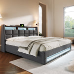 Upholstered Double Bed 140x200 cm with LED & USB in Linen