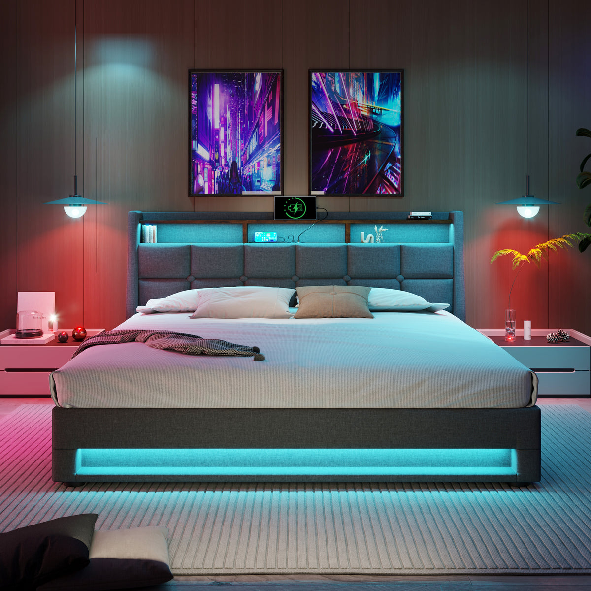 Upholstered Double Bed 140x200 cm with LED & USB in Linen