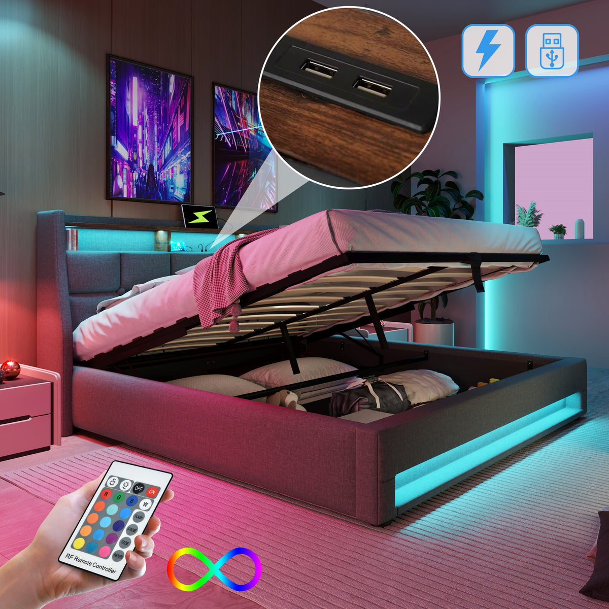 Upholstered Double Bed 140x200 cm with LED & USB in Linen