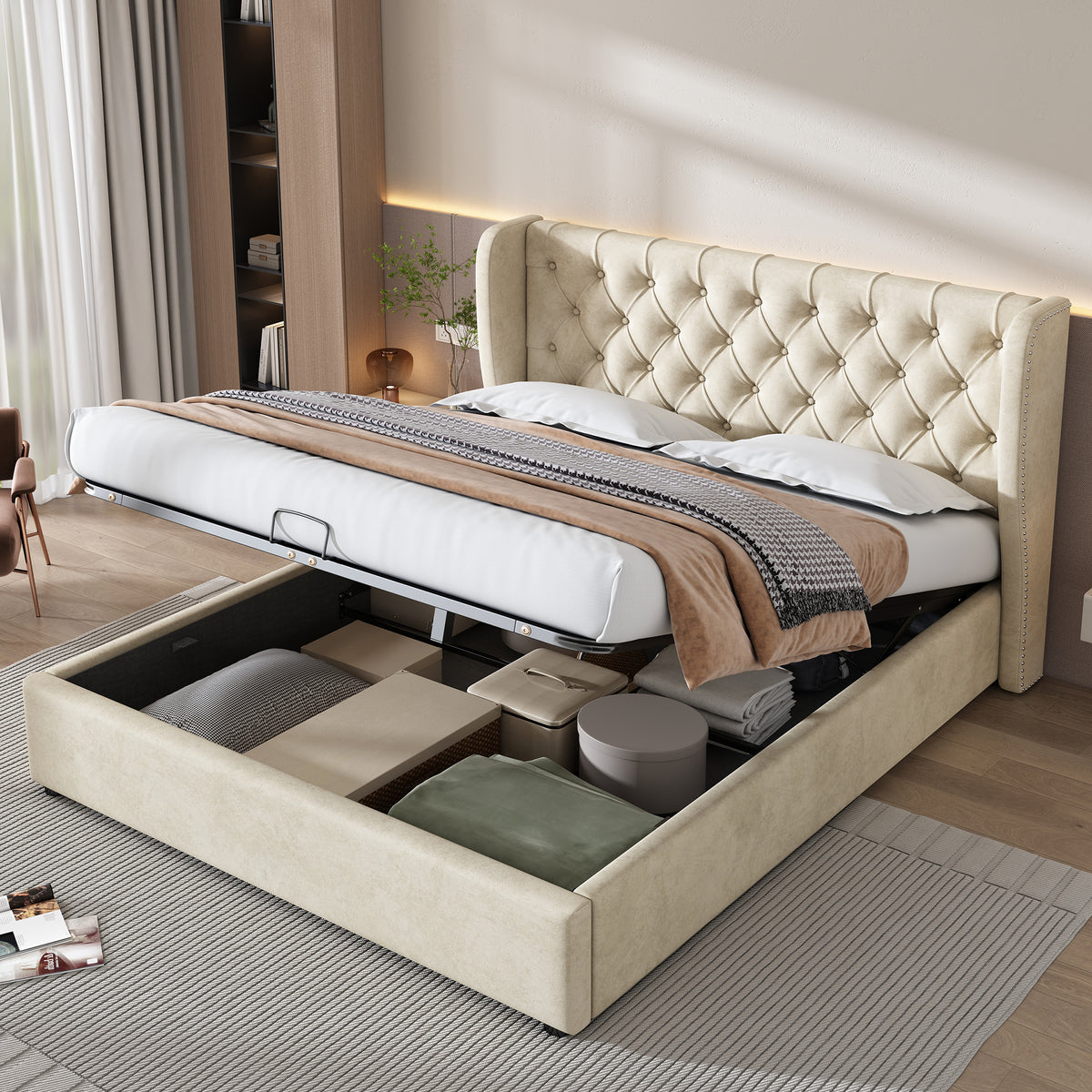 Upholstered Bed 180x200cm Hydraulic Storage, Beige Velvet