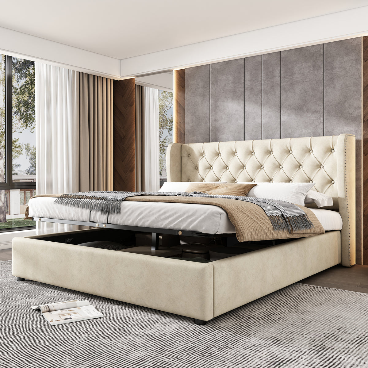 Upholstered Bed 180x200cm Hydraulic Storage, Beige Velvet