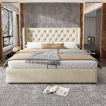 Upholstered Double Bed 160x200 with Storage, Beige Velvet