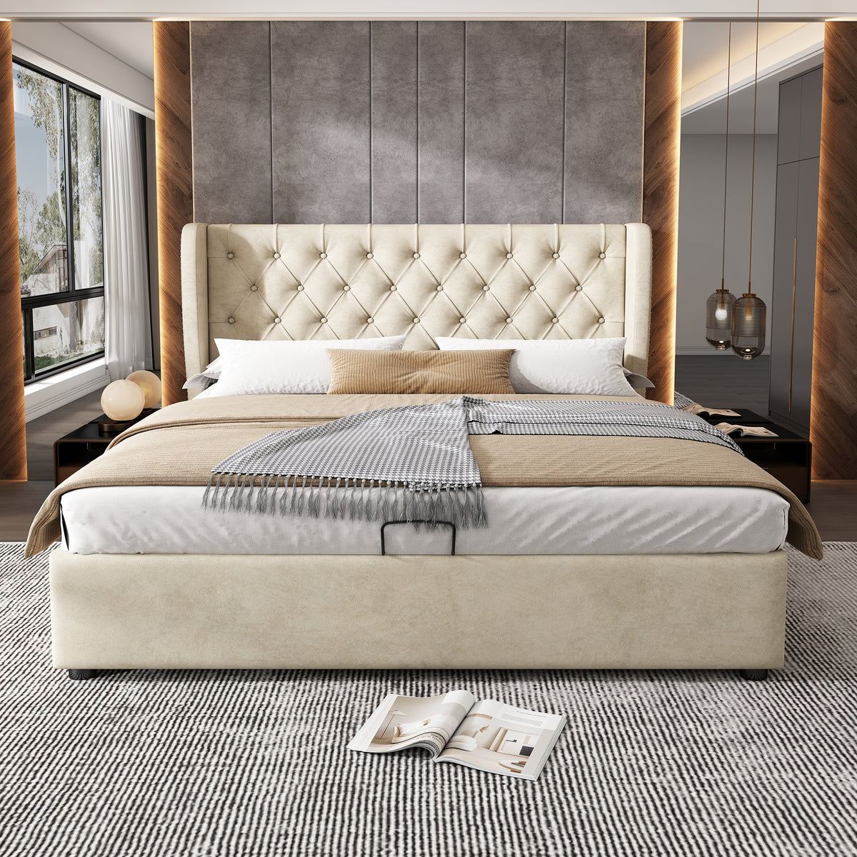 Upholstered Double Bed 160x200 with Storage, Beige Velvet
