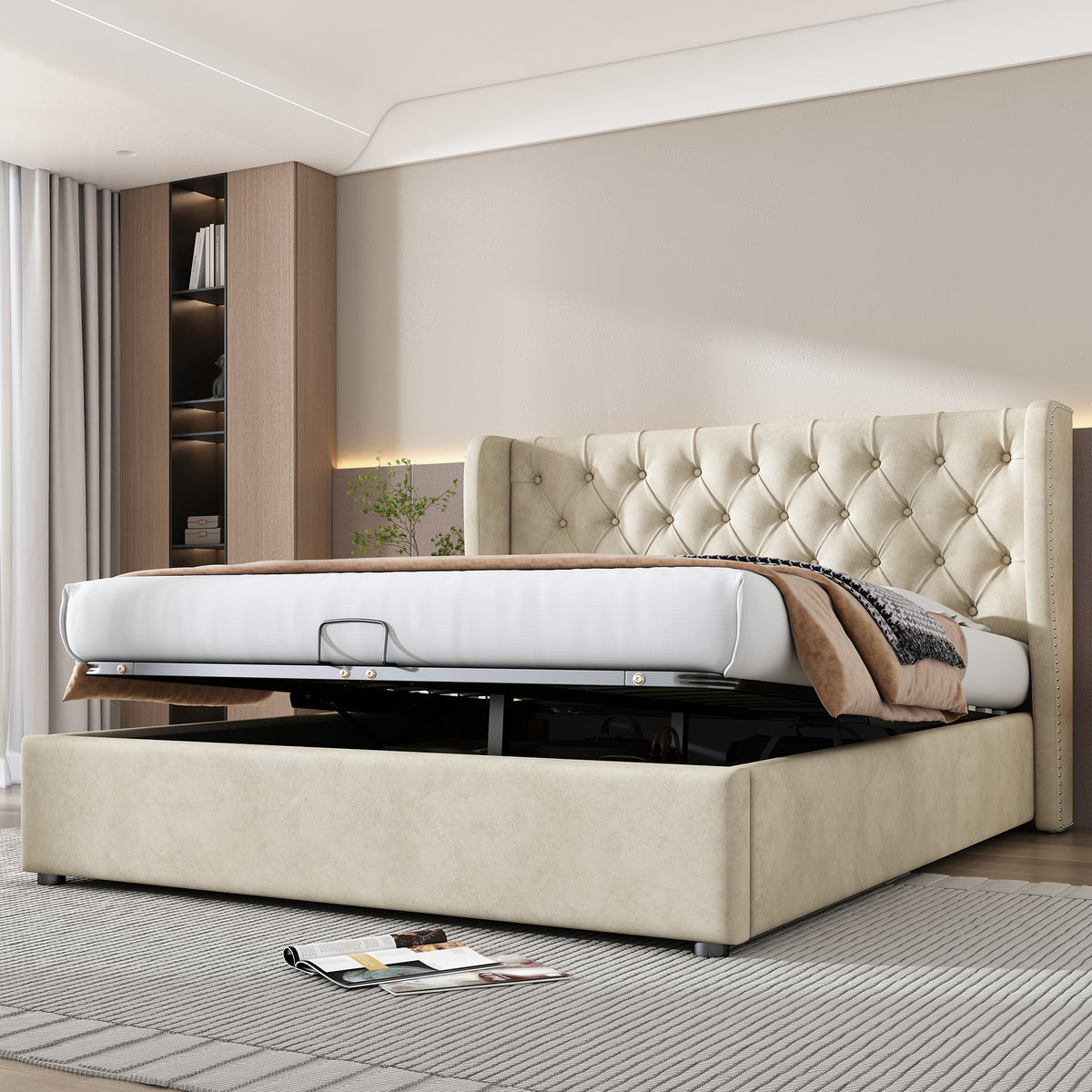 Upholstered Double Bed 160x200 with Storage, Beige Velvet