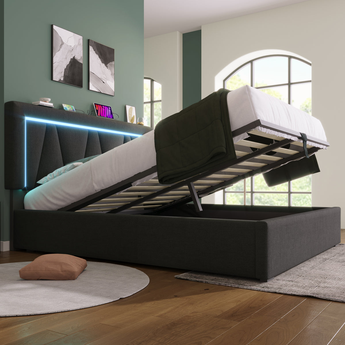 House Loft Bed 90x200cm with Slide, Stairs & LED, Pink Metal