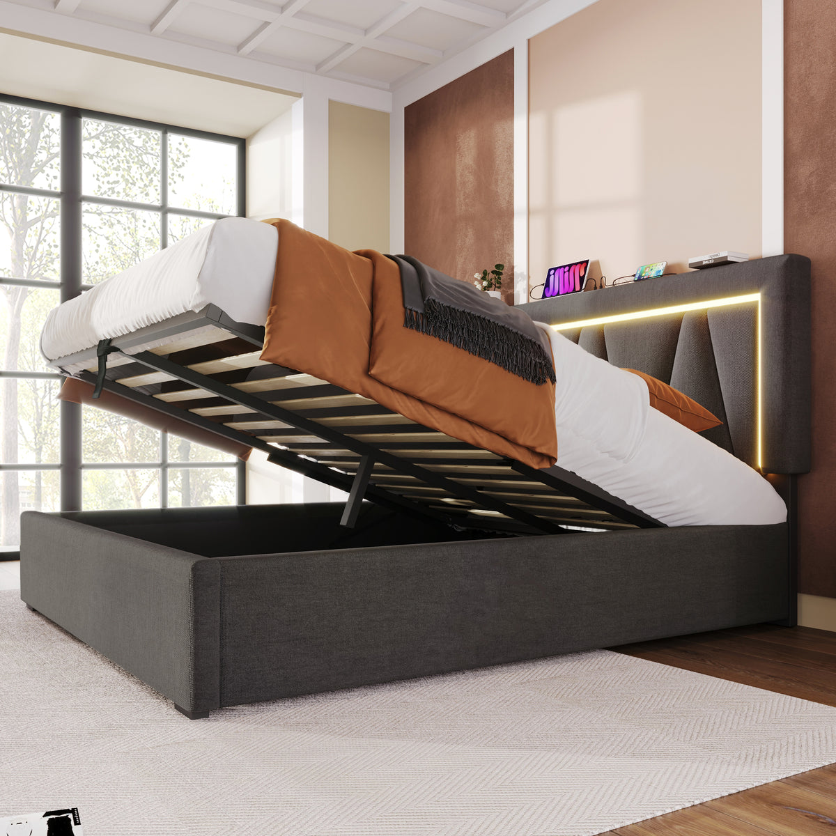 House Loft Bed 90x200cm with Slide, Stairs & LED, Pink Metal