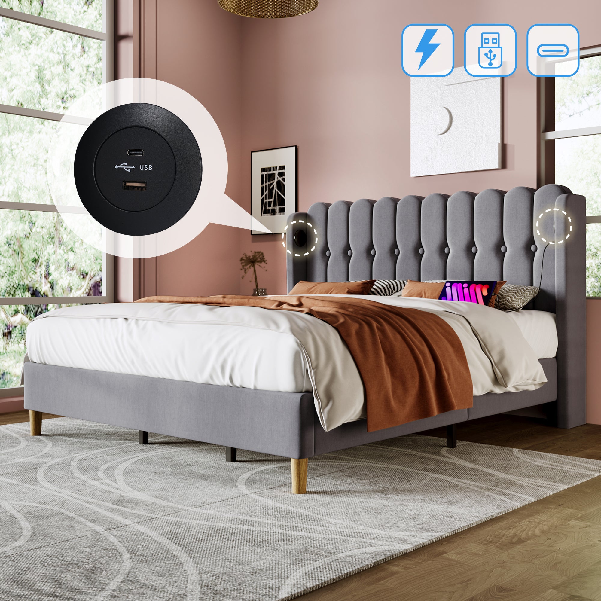 Upholstered Double Bed with USB C Charging, 180x200cm, Grey Linen