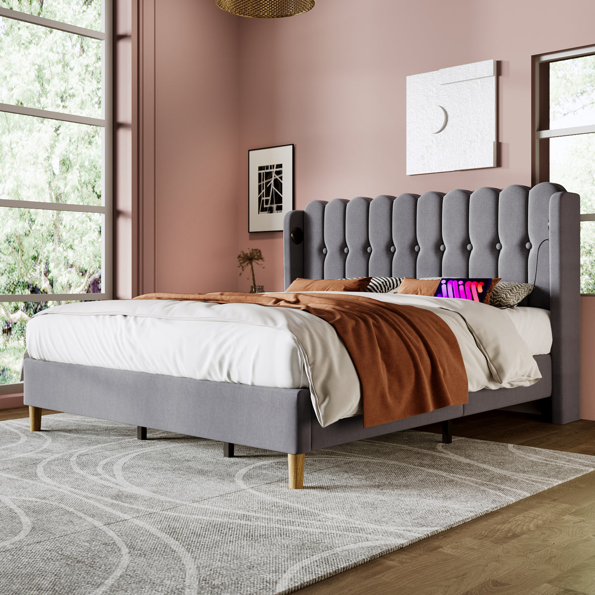 Upholstered Double Bed with USB C Charging, 180x200cm, Grey Linen