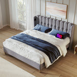 Upholstered Double Bed with USB C Charging, 180x200cm, Grey Linen