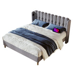 Upholstered Double Bed with USB C Charging, 180x200cm, Grey Linen