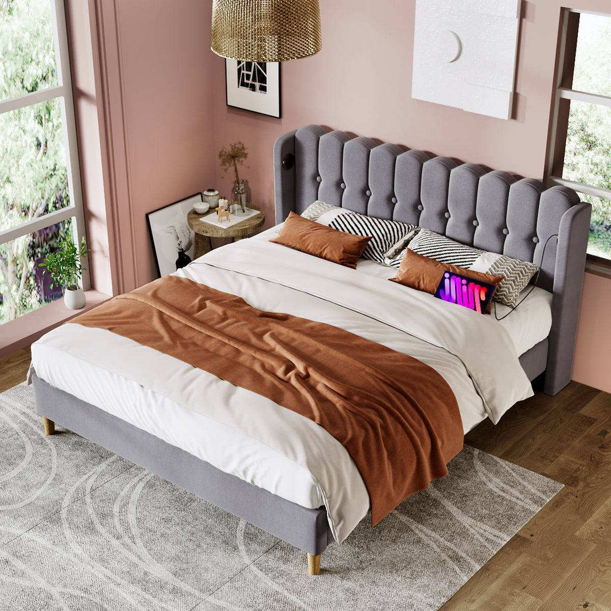 Upholstered Double Bed with USB C Charging, 180x200cm, Grey Linen