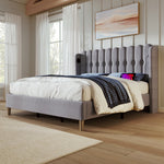 Upholstered Double Bed with USB C Charging, 180x200cm, Grey Linen