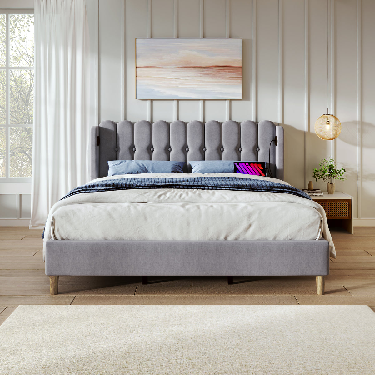 Upholstered Double Bed with USB C Charging, 180x200cm, Grey Linen