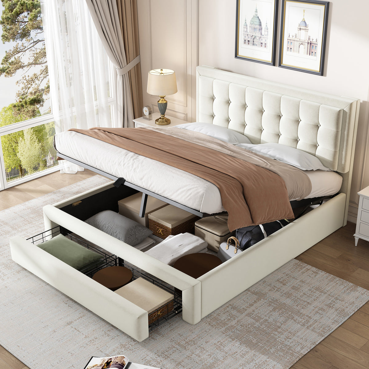 Upholstered Storage Bed 140x200 with 2 Drawers, Beige Velvet