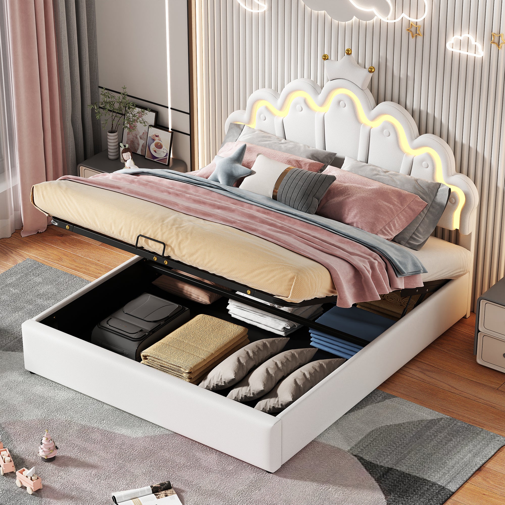 Princess Upholstered Bed 140x200cm with Ambient Light, White