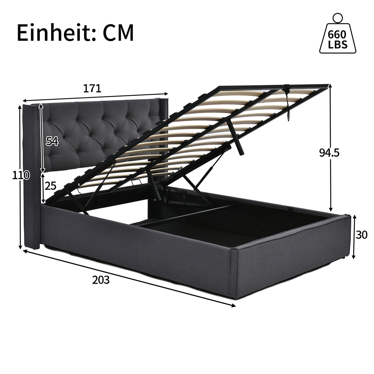 Hydraulic Double Upholstered Bed 160x200cm with Storage, Grey Cotton