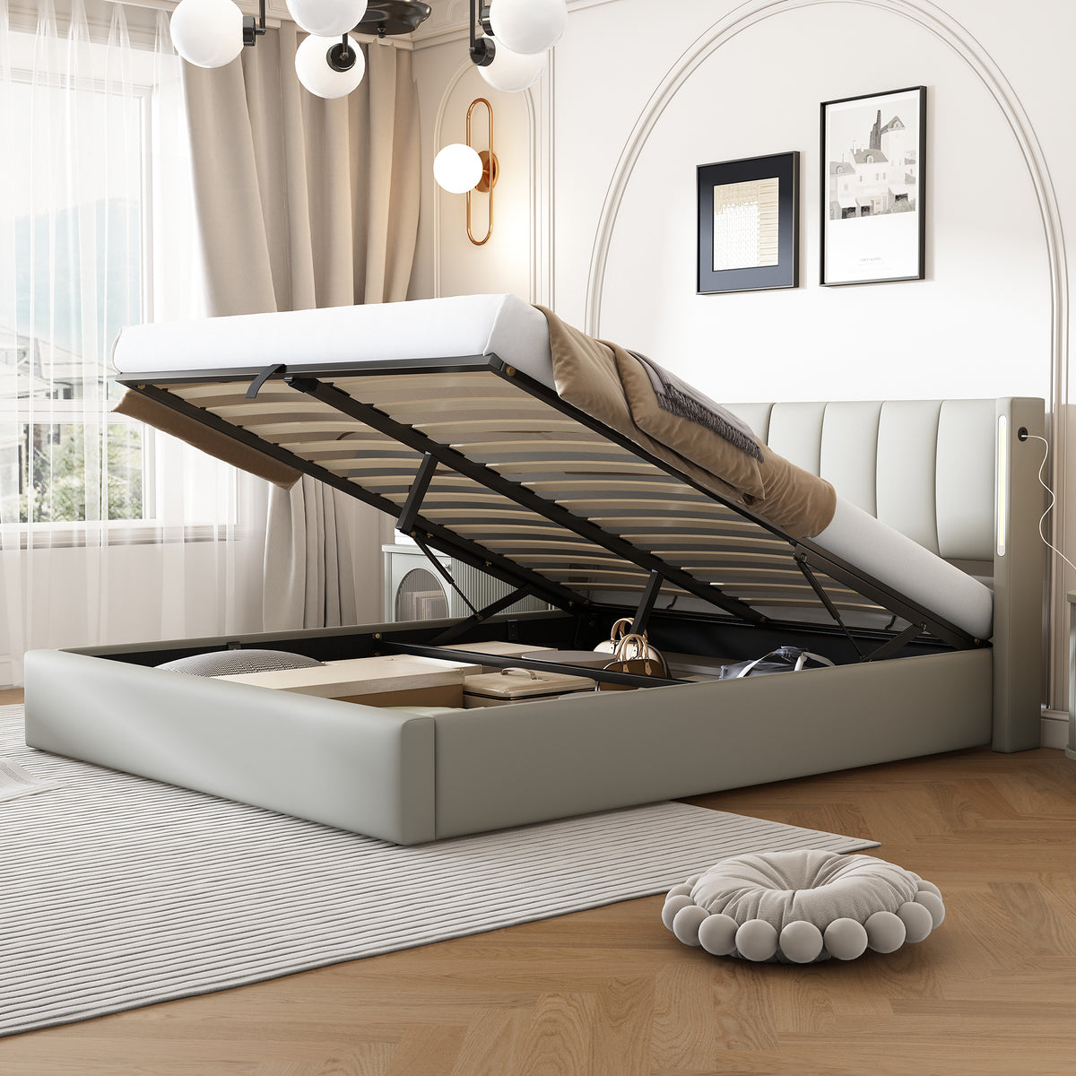 Hydraulic Upholstered LED Bed 180x200 cm with USB Storage, Grey PU