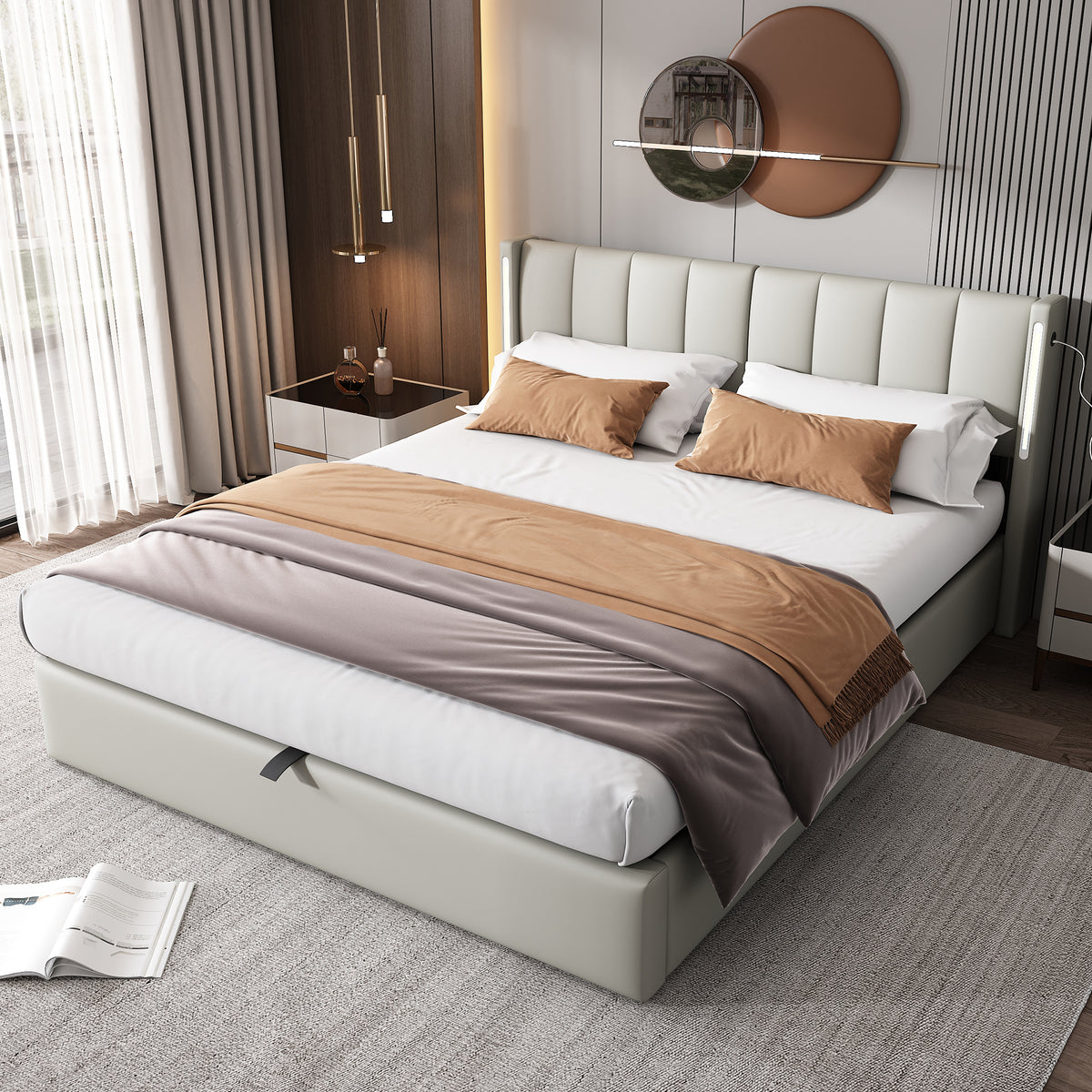 Hydraulic Upholstered LED Bed 180x200 cm with USB Storage, Grey PU
