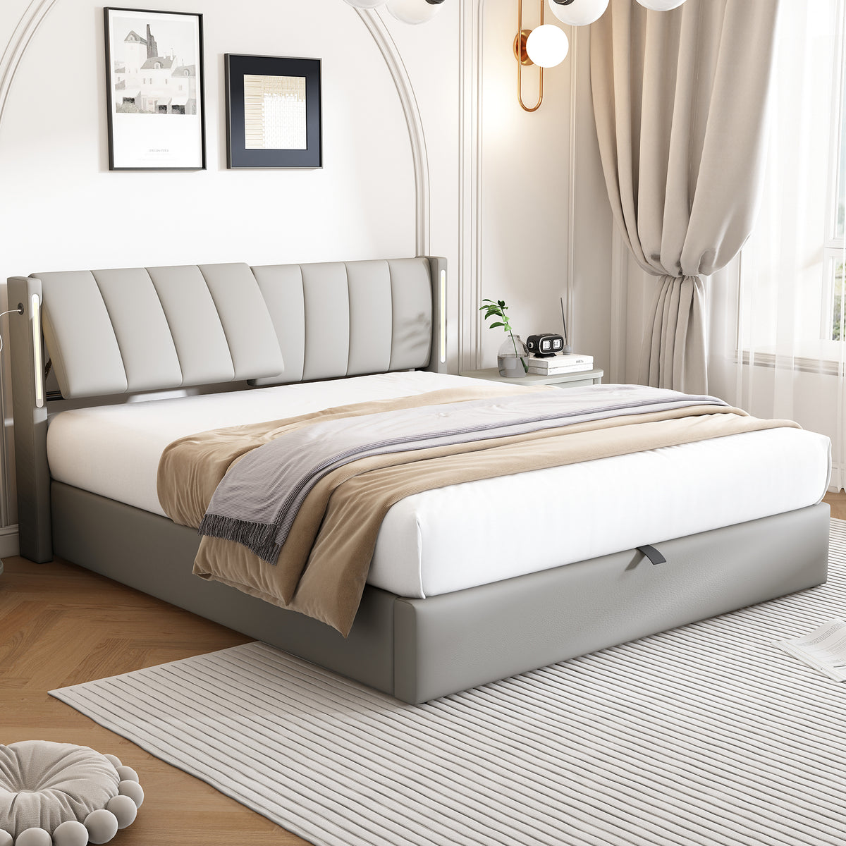 Hydraulic Upholstered LED Bed 180x200 cm with USB Storage, Grey PU