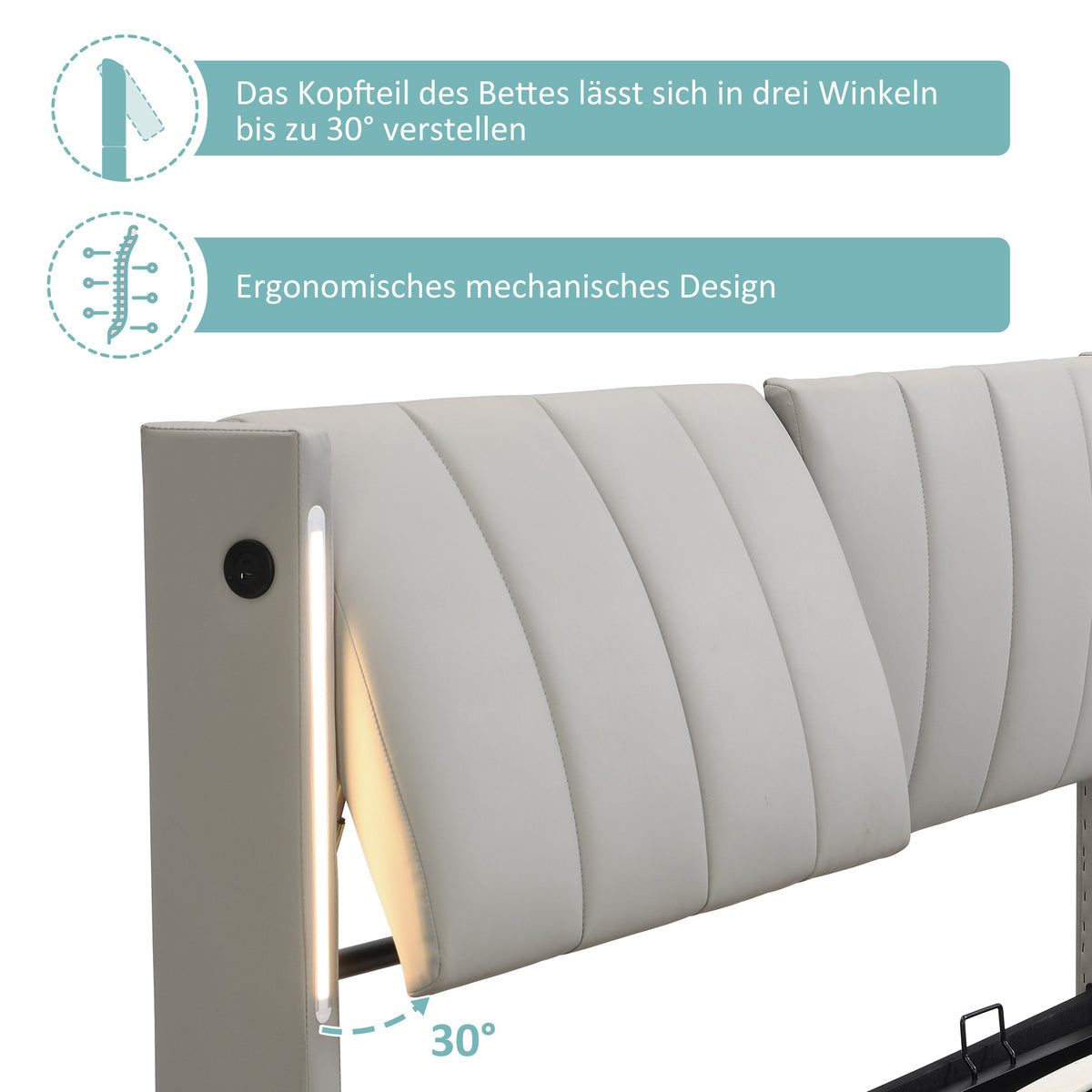 Hydraulic Upholstered LED Bed 180x200 cm with USB Storage, Grey PU