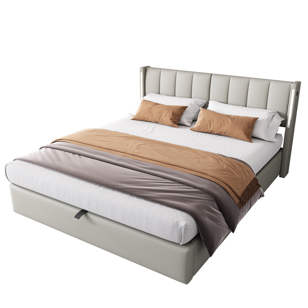 Hydraulic Upholstered LED Bed 180x200 cm with USB Storage, Grey PU