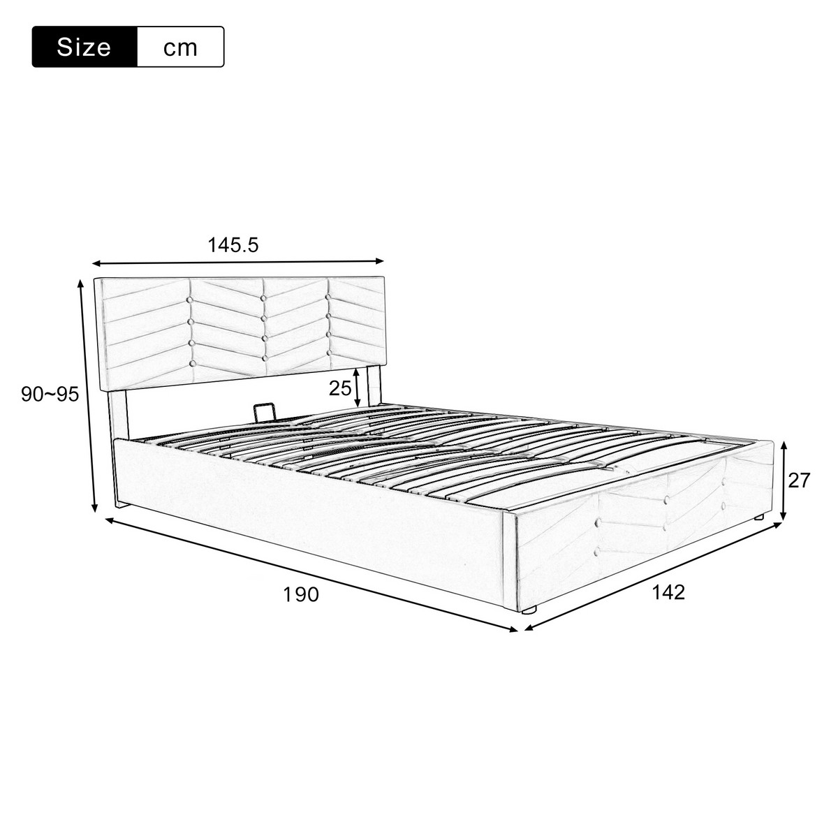 Upholstered Bed 140x190cm with Adjustable Headboard, Beige Velvet