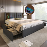 Upholstered Double Bed 160x200cm with 4 Drawers - Grey Linen