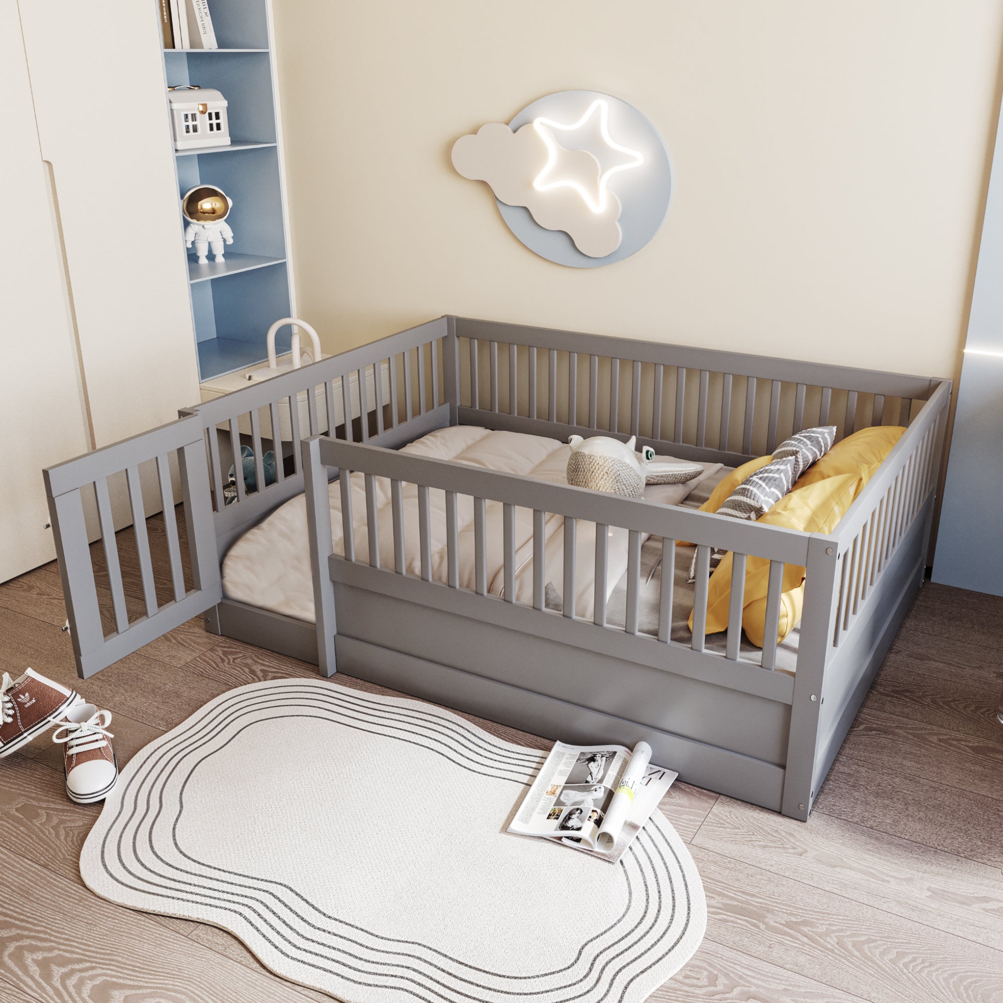 Children's Bed 140x200cm with Railing & Door, Grey Wood