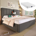 Upholstered Bed 140x200 with Storage & Charging Station, Grey Linen