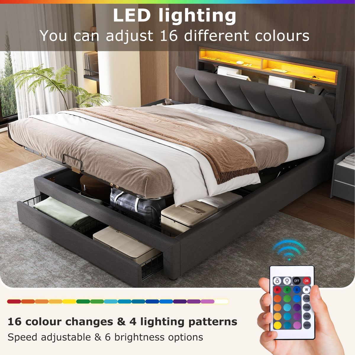 Upholstered Storage Bed 140x200cm LED Light & Drawers, Grey Linen