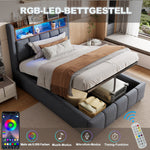 Upholstered Bed 90x200cm with LED & Storage, Linen Grey