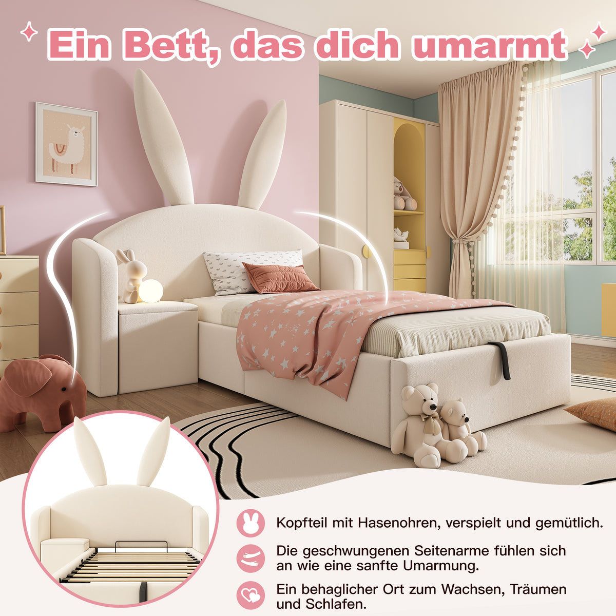 Youth Bed 90x200cm with Storage & Bedside Table, Beige Velvet