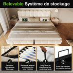Upholstered Double Bed 180x200cm Storage LED, Beige Chenille