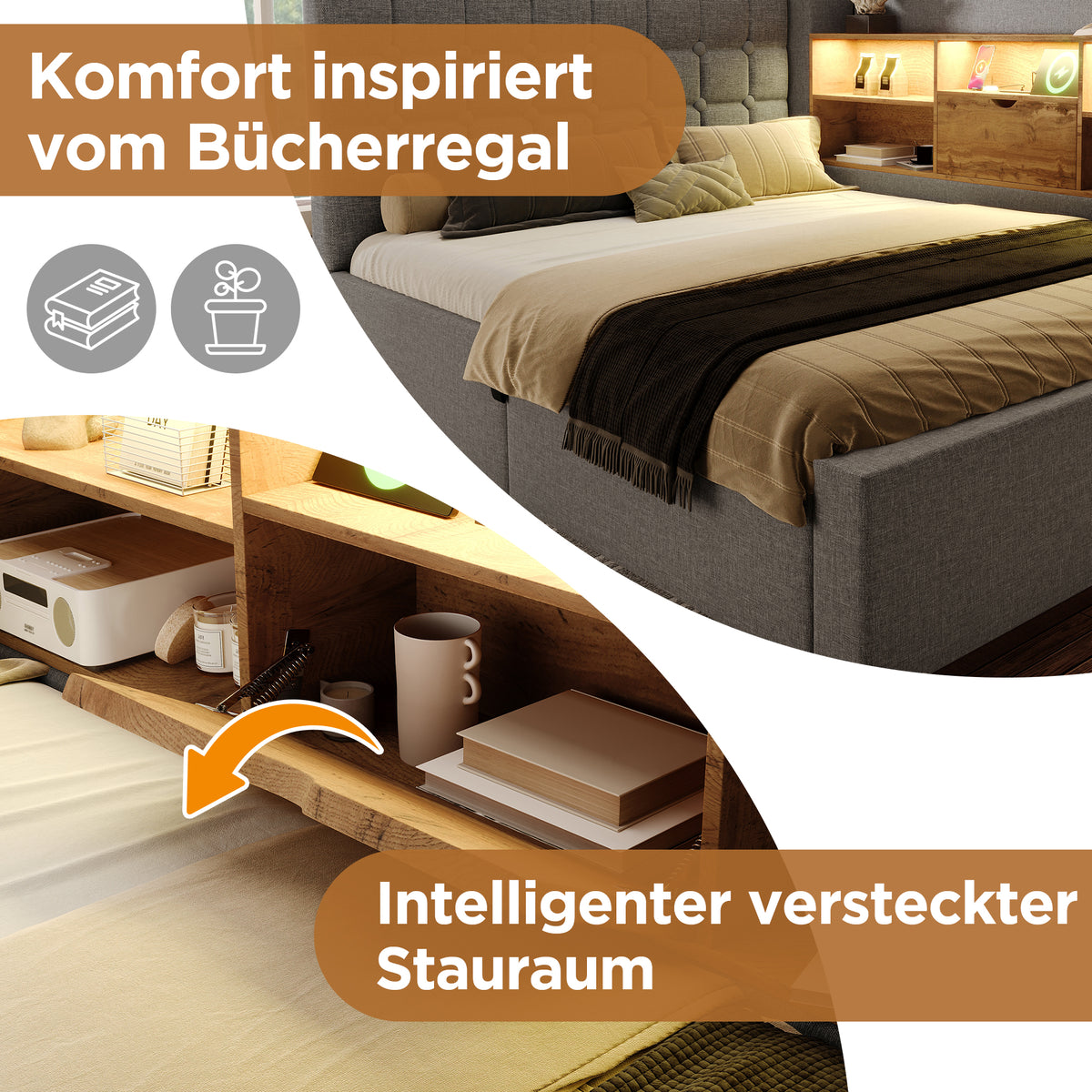 Upholstered Double Bed 180x200cm Hydraulic Storage, Grey Linen