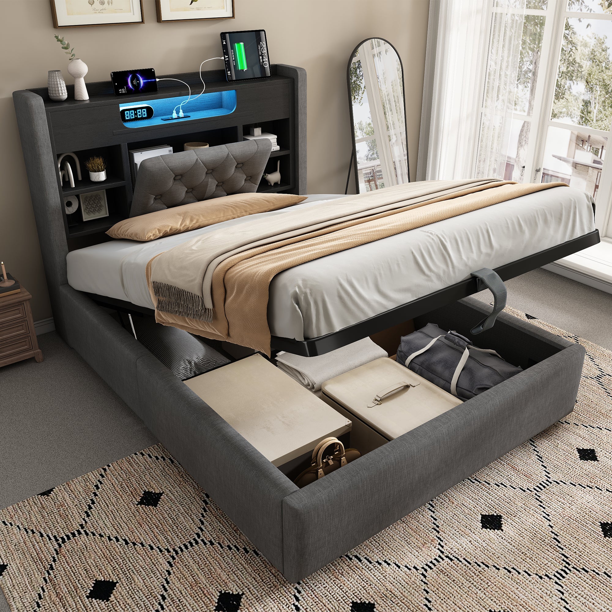 Upholstered Bed 90x200cm LED Hydraulic Storage Grey Linen