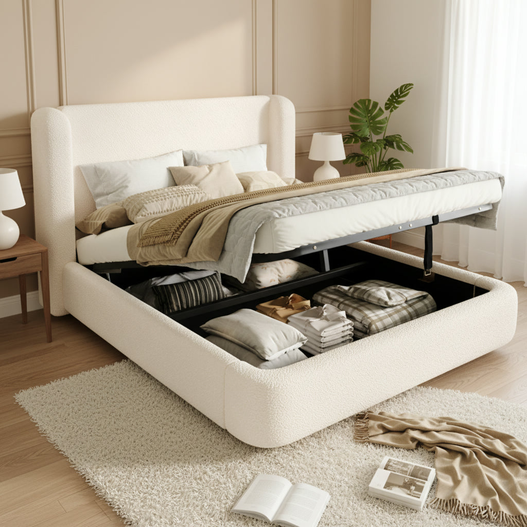 Upholstered Double Bed 160x200 with Hydraulic Storage, Beige Bouclé