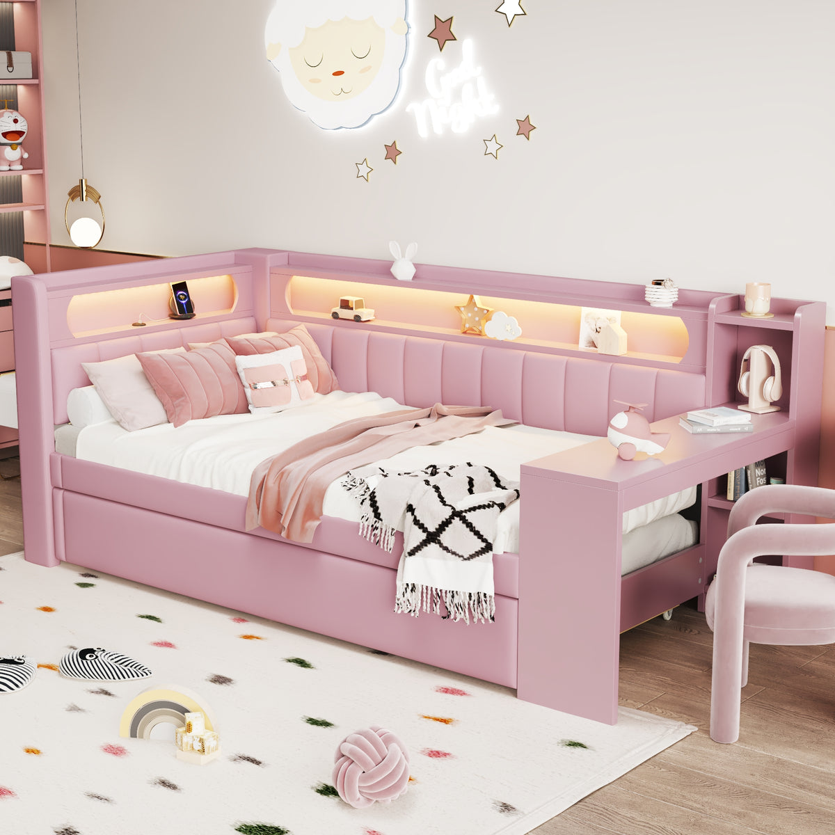 Upholstered Daybed 90x200cm with Trundle, Desk & LED, Pink