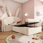 Bunny Ear Kids Bed 90x190cm, Hydraulic Storage, Beige Velvet
