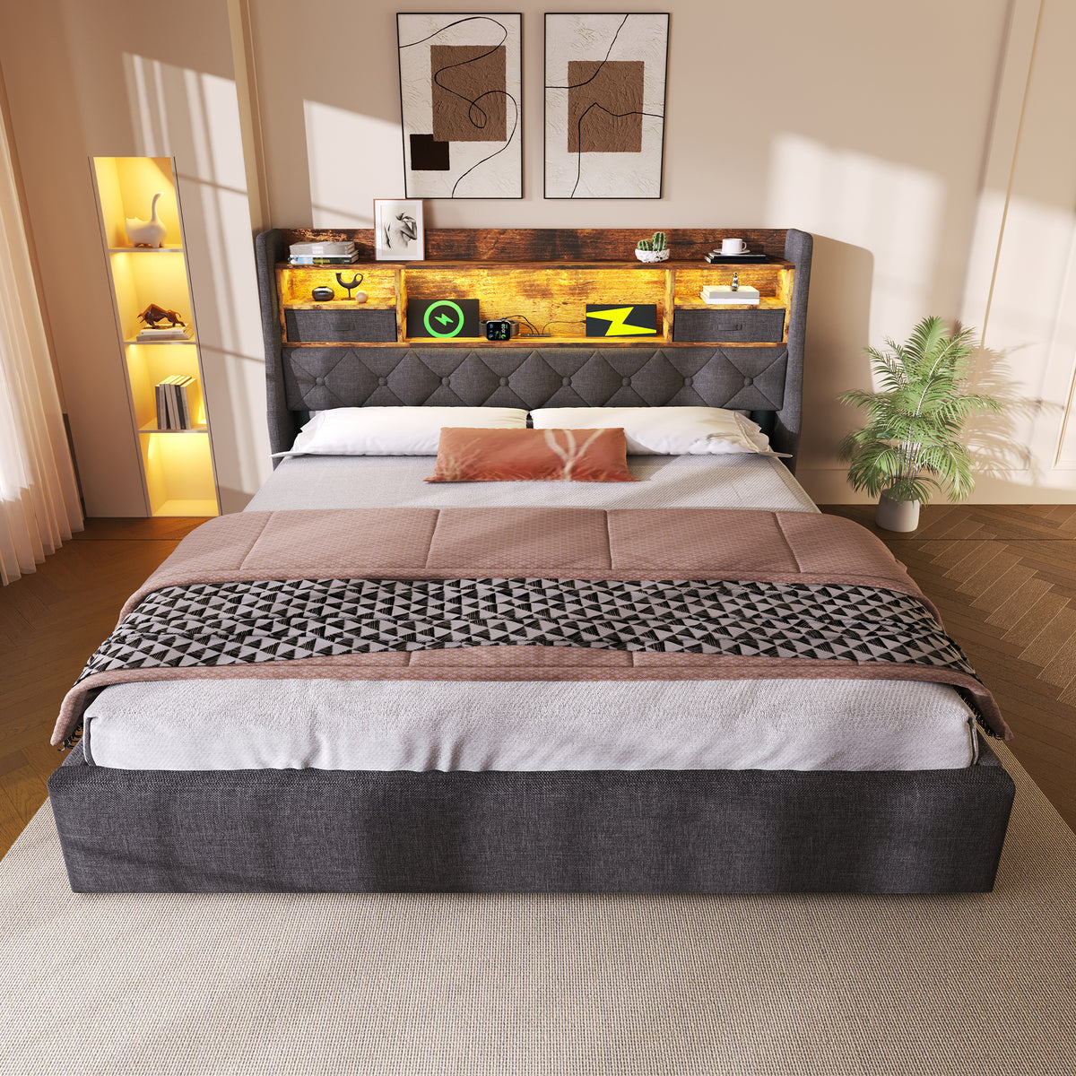Upholstered Bed 140x200cm with LED Headboard & Storage, Grey Linen