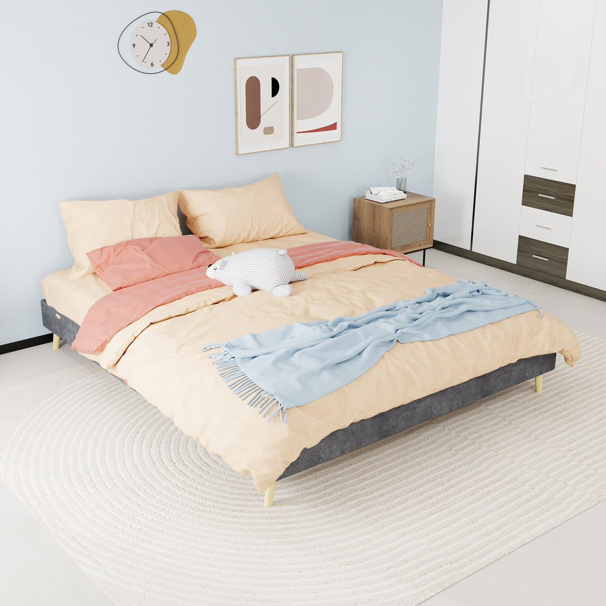 Bed Frame 160x200cm Minimalist Low Box - Gray Dutch Velvet