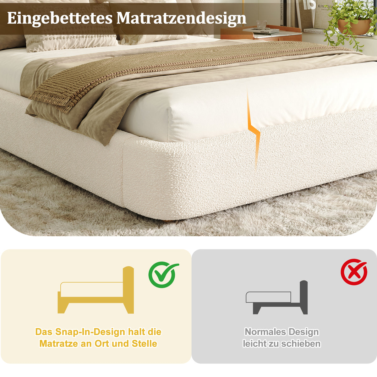 Upholstered Double Bed 160x200 with Hydraulic Storage, Beige Bouclé