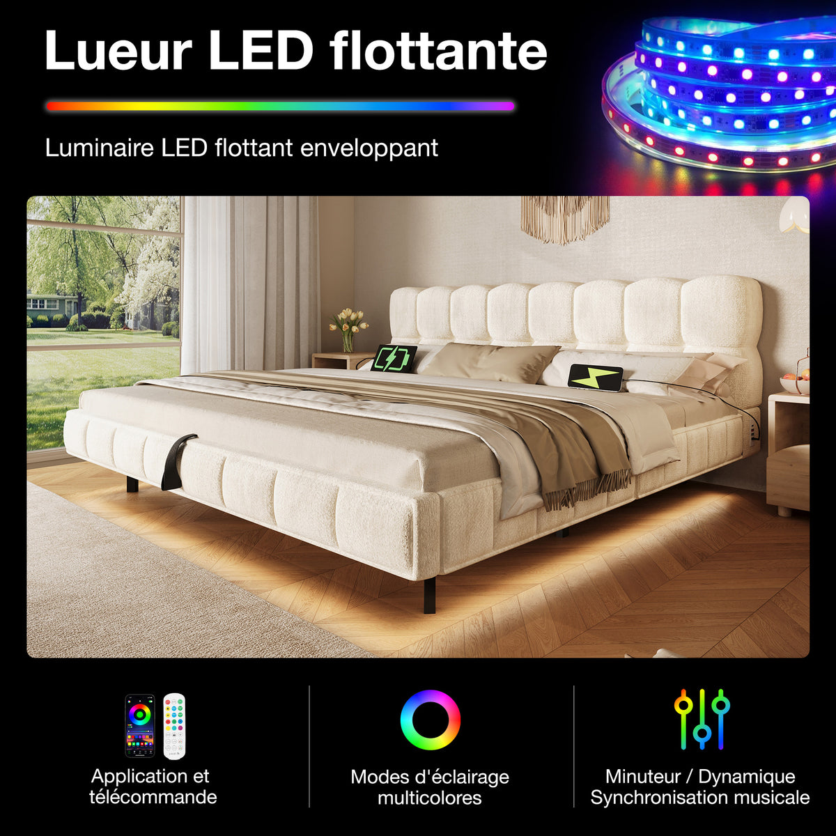 Upholstered Bed 140x190cm, Hydraulic Storage & LED, Beige Chenille
