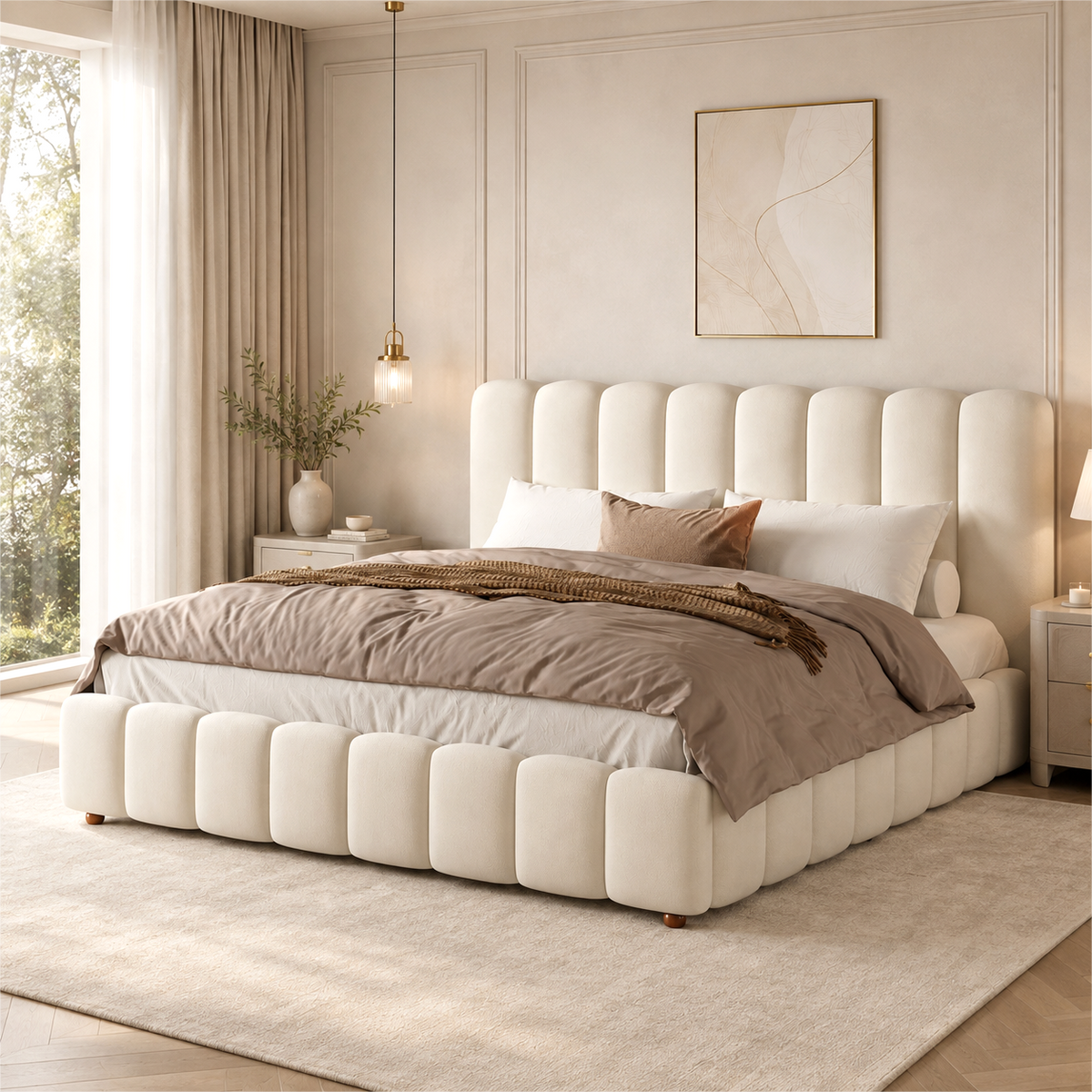 Upholstered Double Bed 180x200cm with Storage, Beige Velvet